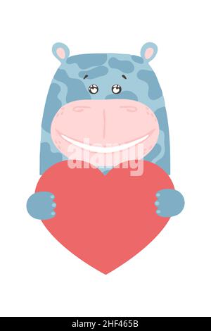 Carino animale di ippopotamo del cartone animato tiene un segno del cuore con lo spazio di copia. Imposta il giorno di San Valentino biglietto di auguri banner invito opuscolo. Cartoon disegnato a mano s Illustrazione Vettoriale