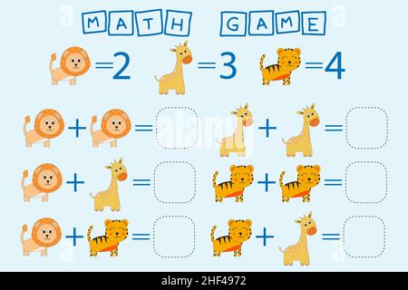 contando la partita con leoni animali, giraffe, tigri . Foglio di lavoro prescolare, foglio attività per bambini, foglio di lavoro stampabile Foto Stock