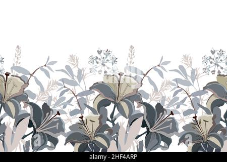 Motivo floreale vettoriale senza cuciture, bordo. Design panoramico orizzontale con fiori di giglio nei colori beige e grigio. Illustrazione Vettoriale