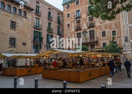 Mercatino di Natale in Plaza del Pi, Barri Gotic, Barcellona, Catalogna, Spagna. Foto Stock