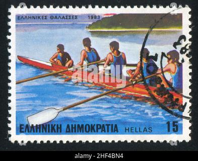 GRECIA- CIRCA 1983: Timbro stampato dalla Grecia, mostra Rowing, circa 1983 Foto Stock