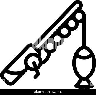 Piccola canna da pesca icona contorno vettore. Lago d'inverno. Fiume congelato Illustrazione Vettoriale