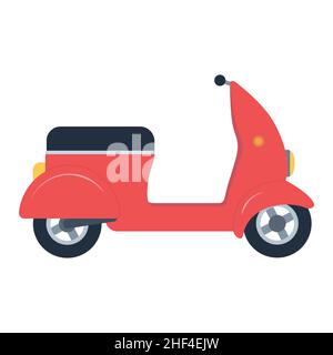 Scooter rosso su sfondo bianco isolato. Trasporto per consegna. Illustrazione vettoriale in stile piatto. Illustrazione Vettoriale