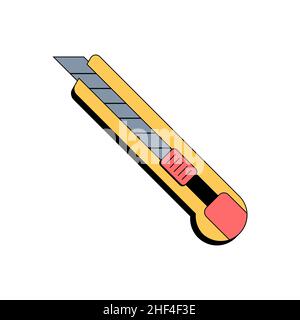 Cancelleria gialla, edilizia, coltello da taglio. Costruzione, utensili per ufficio. Lama a scatto. Illustrazione vettoriale in stile piatto su sfondo bianco isolato. Icona. Illustrazione Vettoriale