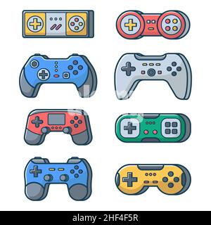 Set di joystick di gioco su sfondo bianco isolato. Joypad per console, pc e videogiochi. Illustrazione vettoriale in stile linea piatta. Illustrazione Vettoriale