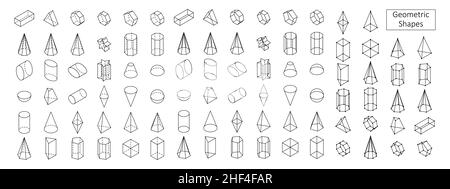 Set di forme geometriche di base 3D. Vista isometrica. Oggetti lineari per la scuola, la scienza, la geometria e la matematica. Illustrazione vettoriale isolata su sfondo bianco. Illustrazione Vettoriale