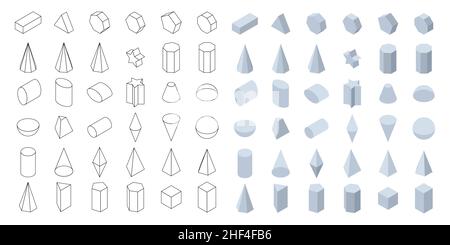 Set di 3D forme geometriche di base. Forme isometriche per scuola e matematica. Illustrazione vettoriale isolata su sfondo bianco. Illustrazione Vettoriale