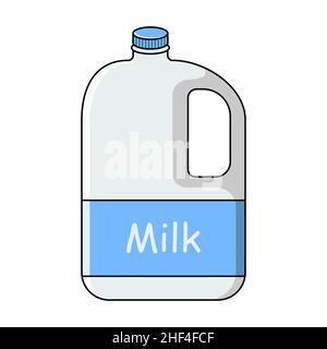 Contenitore del latte con etichetta blu. Un gallone di latte. Immagine dell'icona del vettore isolato su sfondo bianco. Stile cartoon a linea piatta. Illustrazione Vettoriale