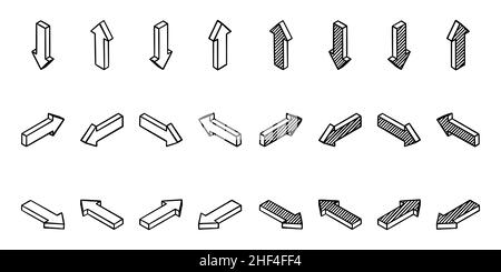 Gruppo di frecce isometriche. nero 3d con tratteggio e senza. Utilizzare come puntatori laterali, caricamento, cursore, aggiornamento. Illustrazione vettoriale isolata su sfondo bianco. Illustrazione Vettoriale