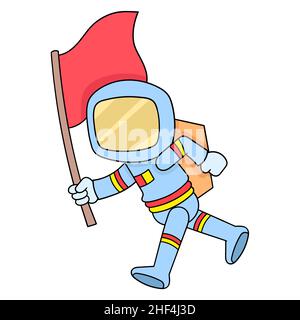 astronauta è camminare con una bandiera di viaggio, illustrazione vettoriale art. doodle icona immagine kawaii. Illustrazione Vettoriale