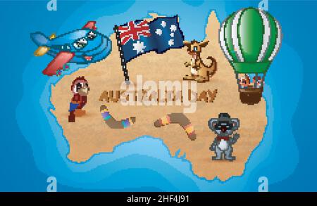 Australia mappa sullo sfondo dell'oceano con animali e bambini Illustrazione Vettoriale