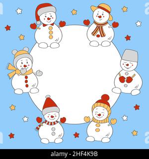 Telaio vettoriale con un set di simpatici pupazzi di neve in cappelli invernali Illustrazione Vettoriale