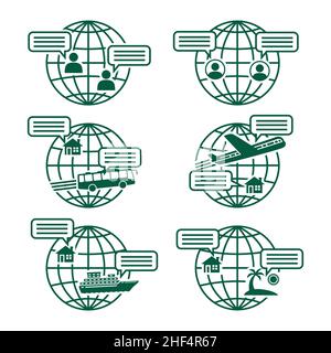 Icone di conversazione globali impostate. Discorso, bolla, chat, terra, globo, messaggi, viaggi, collezione di icone del mondo. Vettore e illustrazione. Illustrazione Vettoriale