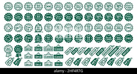 Set di etichette di vendita per lo shopping. Collezione di etichette e badge in vendita, shopping, offerte, sconti, promozioni e negozio online. Vettore e illustrazione. Illustrazione Vettoriale