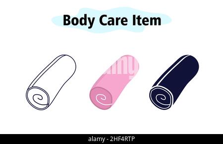 Asciugamano in tessuto arrotolato. Articoli da bagno. Cura del corpo. Illustrazione vettoriale a colori, solida e lineare su sfondo bianco. Illustrazione Vettoriale
