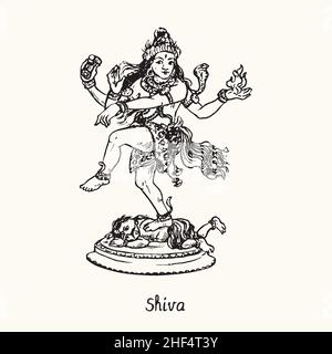 Shiva, il Signore della danza. Inchiostro bianco e nero doble disegno in legno taglio con iscrizione. Foto Stock