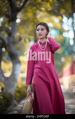 Ho Chi Minh City, Vietnam: Ritratto donne in rosa ao dai Vietnam, l'Ao dai (vietnamita a abiti lunghi) è il costume tradizionale di donna vietnamita Foto Stock