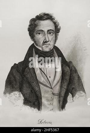 Francisco Javier de Istúriz Montero (1790-1871). Politico spagnolo e diplomatico. Prese parte alla guerra peninsulare. Cospirò per il liberalismo durante il sessennio assolutista e dovette rifugiarsi a Gibilterra. Uno dei principali ispiratori della dichiarazione di Cabezas de San Juan che ha portato al triennio liberale (1820-1823). Deputato eletto nelle prime corti del triennio dopo le elezioni del marzo 1820. Presidente del Consiglio dei ministri per quattro mesi nel 1836. Verticale. Incisione di José Gómez. Panorama Español, Crónica Contemporánea. Volume III. Madrid, 1845. Foto Stock