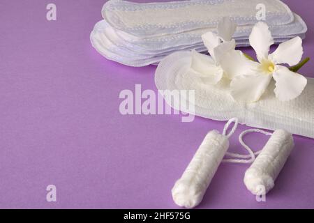 gruppo di prodotti per la protezione e l'igiene mestruale con tamponi, batuffoli di cotone, salva slip e fiore bianco su fondo lilla. Vista rialzata. Foto Stock