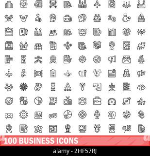 100 icone business impostate. Illustrazione di un vettore di 100 icone business isolato su sfondo bianco Illustrazione Vettoriale