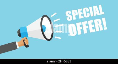 Icona megaphone con tenuta a mano in stile piatto. Illustrazione vettoriale banner promozionale su sfondo isolato. Offerta speciale insegna business concept. Illustrazione Vettoriale