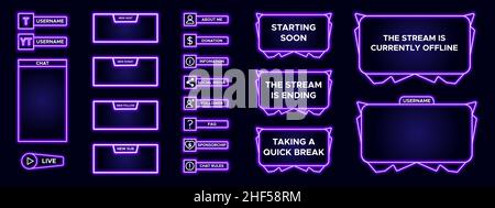 Set di elementi di design moderni per pannello di visualizzazione overlay per lo streaming dei giochi. Cornice di gioco viola per trasmissioni Internet e video online. Futuristico live strea Illustrazione Vettoriale