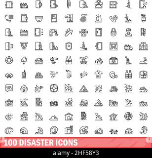 100 icone di emergenza impostate. Illustrazione di un vettore di 100 icone di disastro isolato su sfondo bianco Illustrazione Vettoriale