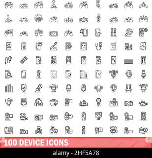 100 icone della periferica impostate. Illustrazione a linee di 100 icone del dispositivo set vettoriale isolato su sfondo bianco Illustrazione Vettoriale