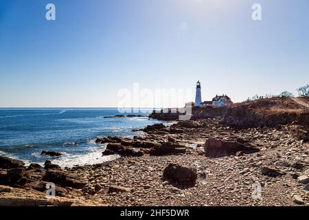 Una Primavera a Portland Head Light Foto Stock