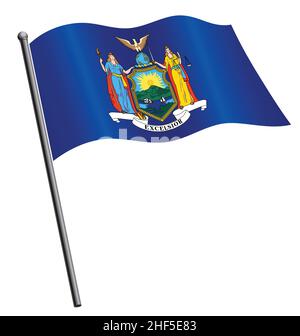 esatto corretto new york ny state flag volare ondulazione sul vettore icona flagpole isolato su sfondo bianco Illustrazione Vettoriale