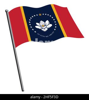 correzione accurata del nuovo flag di stato ms del mississippi sul flagpole flying waving flowing flowing flowing flowing flowing vettore isolato su sfondo bianco Illustrazione Vettoriale