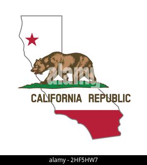 bandiera dello stato ca della california in un vettore semplificato di simboli di forma della mappa isolato su sfondo bianco Illustrazione Vettoriale