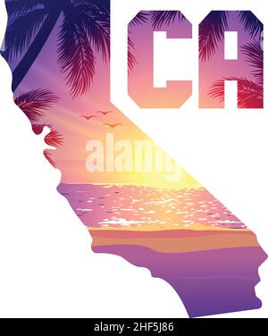 forma dello stato della california e testo CA con un bel disegno grafico a T-shirt color viola dorato arancione sulla spiaggia al tramonto Illustrazione Vettoriale