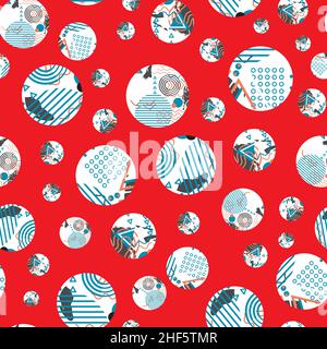 Vector Memphis design cerchi sparsi sfondo. Motivo senza cuciture con forme rotonde a mano piene di pennellate di vernice disegnate a mano Illustrazione Vettoriale