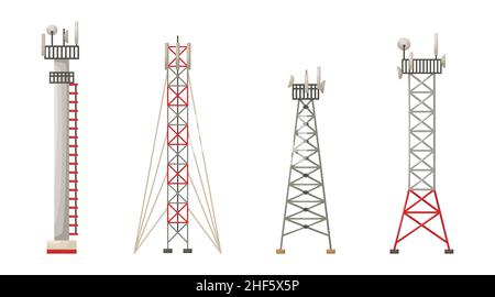 Set vettoriale di illustrazioni di diverse costruzioni di torri cellulari. 5G, 4g distribuzione del segnale. Internet. Tecnologie moderne Illustrazione Vettoriale