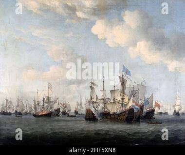 Scheepsgevecht tussen Hollandse en Franse koopvaardijschepen - battaglia navale tra navi mercantili olandesi e francesi (Willem van de Velde II). Foto Stock