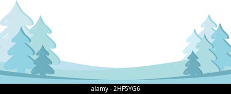 Sfondo invernale innevato semplice con posto per il testo. Sfondo dal design minimalista con abeti ricoperti di neve. Bianco, blu, blu scuro, sfumature. Illustrazione Vettoriale