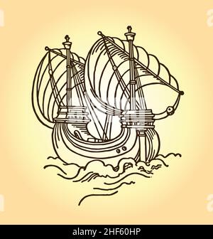Illustrazione vettoriale del disegno vintage della vecchia linea della nave su sfondo seppia Illustrazione Vettoriale