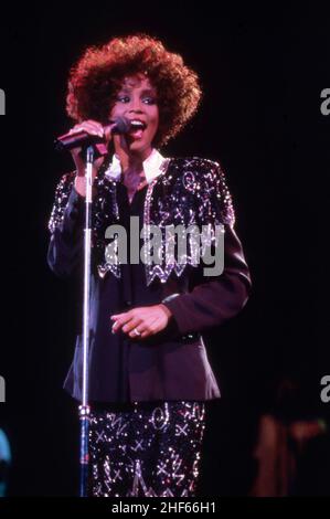 CLARKSTON - LUGLIO 31: Whitney Houston, cantante e attrice americana, suona al Pine Knob Music Theatre durante il suo tour mondiale del 'Moment of Truth', il 31 Luglio 1987, a Clarkston, Michigan. Credito: Ross Marino / Rock negatives / MediaPunch Foto Stock