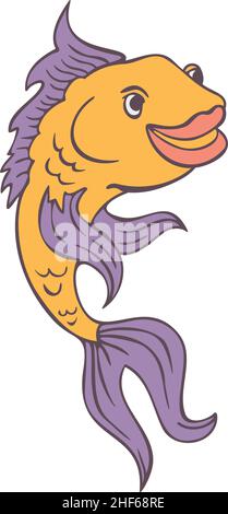 Illustrazione vettoriale di sorridente pesce isolato. Pesce disegnato a mano colorato e raffigurato da una linea. Illustrazione Vettoriale