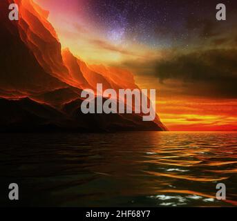 Fantastico tramonto sulle rocce contro il cielo e riflessi nell'acqua. 3d illustrazione Foto Stock