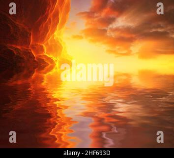 Fantastico tramonto sulle rocce contro il cielo e riflessi nell'acqua. 3d illustrazione Foto Stock