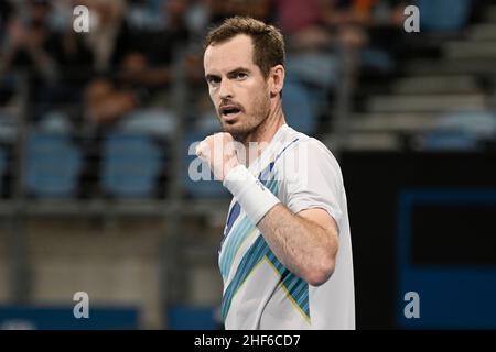 14th gennaio 2022: Ken Rosewall Arena, Sydney Olympic Park, Sydney, Australia; Sydney Tennis Classic, Giorno 6 Semifinale: Andy Murray della Gran Bretagna reagisce dopo aver sconfitto Reilly Opelka degli Stati Uniti 2 si prepara a 1 per avanzare alla finale Foto Stock