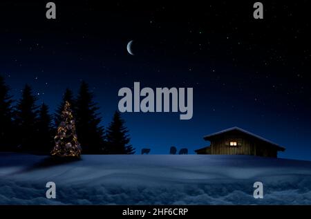 Albero di Natale illuminato e capanna di legno in un paesaggio innevato di notte Foto Stock