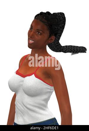 Giovane donna nera con rendering digitale in outfit estivo casual, illustrazione 3d. Foto Stock