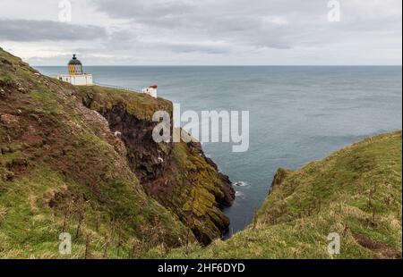 Il faro e il foghorn di St Abbs Head Lighthouse, arroccato sul bordo della scogliera sopra il Mare del Nord in Berwickshire, Scozia Foto Stock
