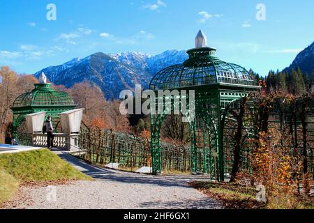 Giovane uomo nei giardini del castello di Linderhof, Laubengang, comune di Ettal, Ammertal, Alpi di Ammergau, Baviera superiore, Baviera, Germania Foto Stock