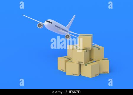 Aeroplano vicino alla pila di scatole su sfondo blu. Trasporto internazionale di merci. Logistica globale. Spedizione aerea. Concetto di AirMail. Trasporto Foto Stock