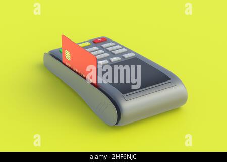 Registratore di cassa portatile con carta di credito in plastica su sfondo giallo. 3d rendering Foto Stock