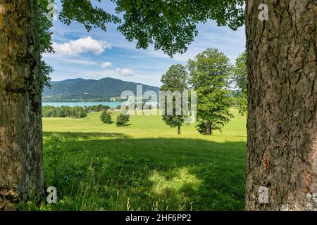 Vista incorniciata al meraviglioso Tegernsee color turchese, un famoso luogo turistico nella baviera meridionale, tempo per rilassarsi Foto Stock